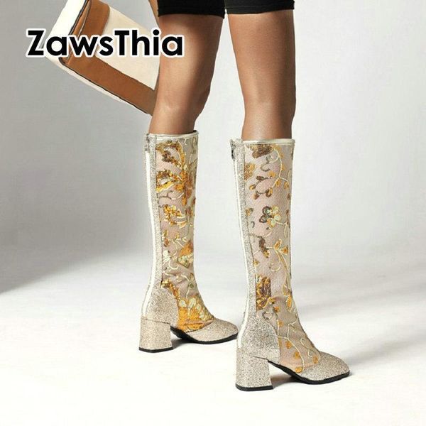 

boots zawsthia 2021 summer air mesh net chunky high heels woman shoes gold sequined embroidery floral embroider women knee1, Black