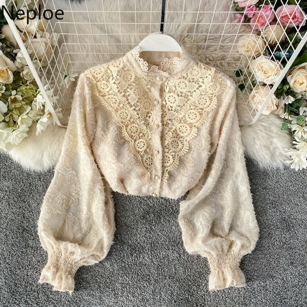 

neploe stand collar lace hook flower blouse elegant temperament puff long sleeve single breast blusas autumn spring slim shirt 210308, White