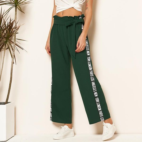 

women's pants & capris summer casual woman sweatpants dark green paperbag waist belted lettering side seam peg loose ankle-length trous, Black;white