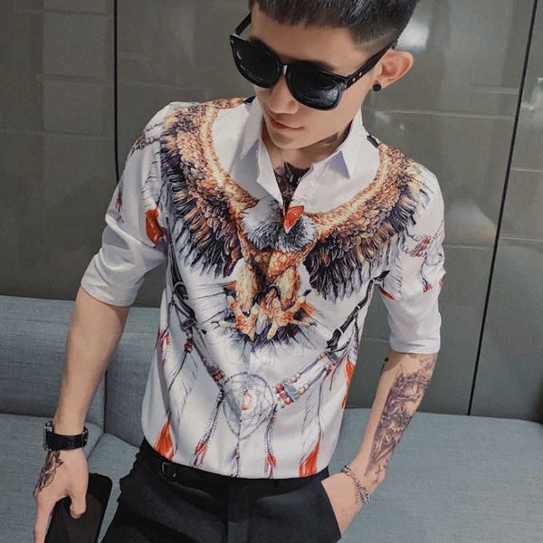 

summer 3d eagle print men shirt short sleeve casual slim fit streetwear social dress shirts nightclub blusa chemise homme 210527, White;black