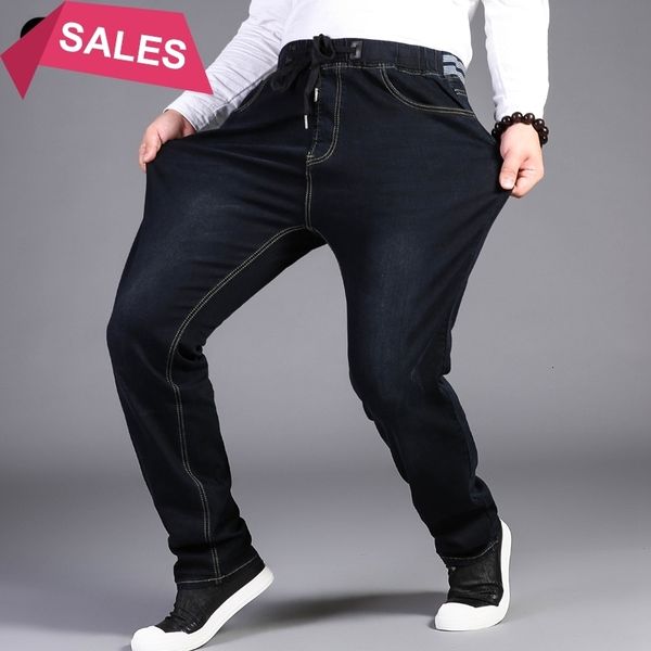 

men extra large 32-50 stretch waist high elastic jeans designer drawstring straight denim pants mens casual plus size 7xl, Blue