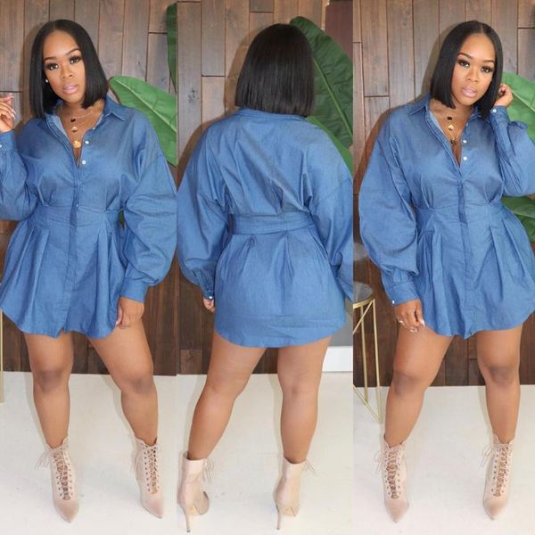

casual dresses solid blue denim shirt dress autumn long sleeve button vintage vestidos elegant jeans streetwear sexy, Black;gray