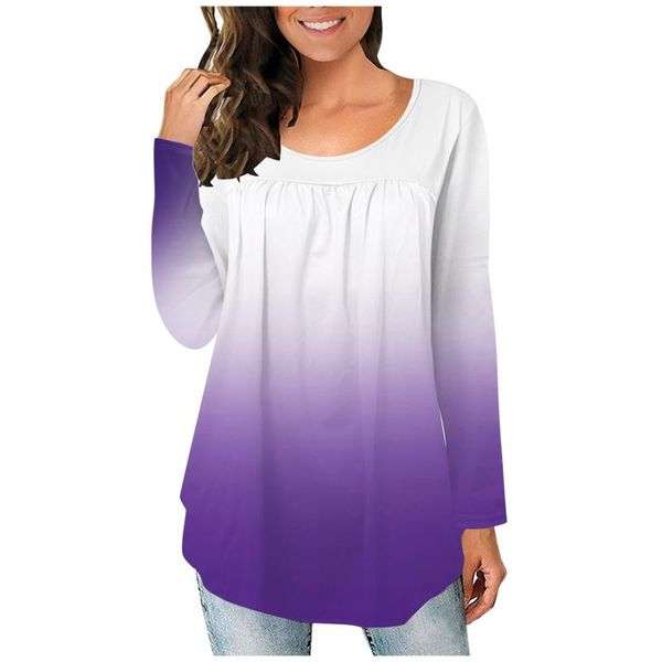 

women's t-shirt women leisure gradient o neck loose t-shirts pleated long-sleeved streetwear koszulka damska #g3, White