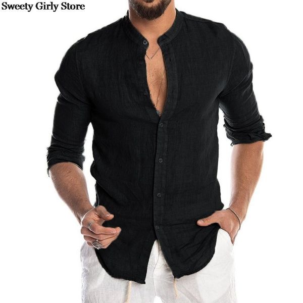 

2021 men casual blouse cotton linen shirt loose long sleeve tee shirt spring autumn summer casual handsome men blouse, White;black