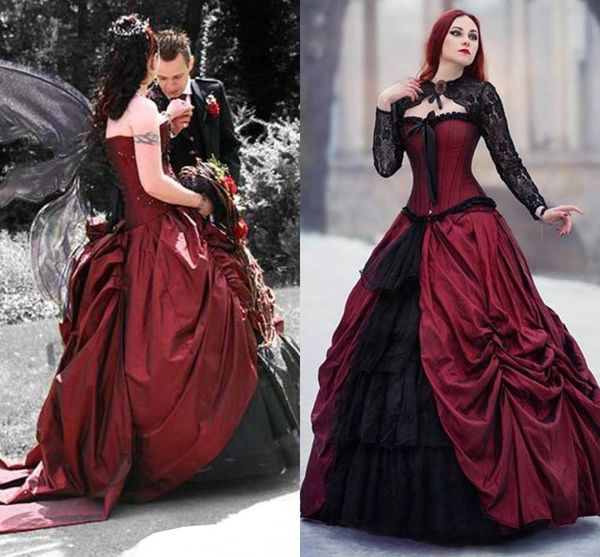 Vintage viktorianische Ballkleid-Brautkleider in Schwarz und Dunkelrot, geraffte, abgestufte Gothic-Brautkleider mit Spitze, langen Ärmeln, Schal, Korsett, Braut-Maskerade-Kleid