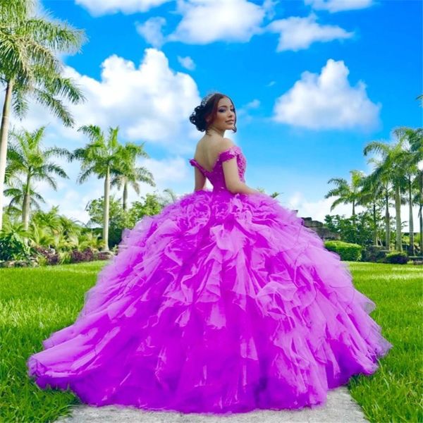 

purple off shoulder quinceanera dresses ball gown puffy 2022 crystal ruffles tulle prom sweet 15 16 girls party, Blue;red
