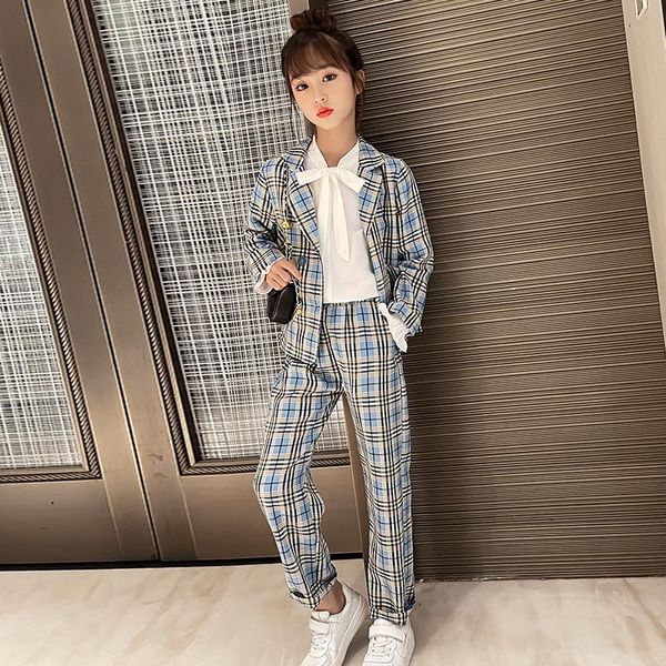 

clothing sets teenage girls set 2021 spring plaid suit jackets + pants school tracksuit blue pink clothes outfit 12 years, White