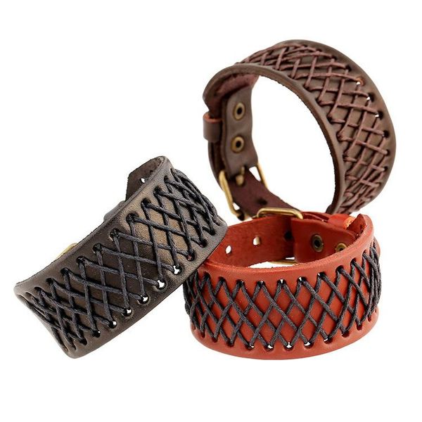 

bangle charm wide leather bracelet men's punk braided rope alloy cuff male wristband viking jewelry, Black