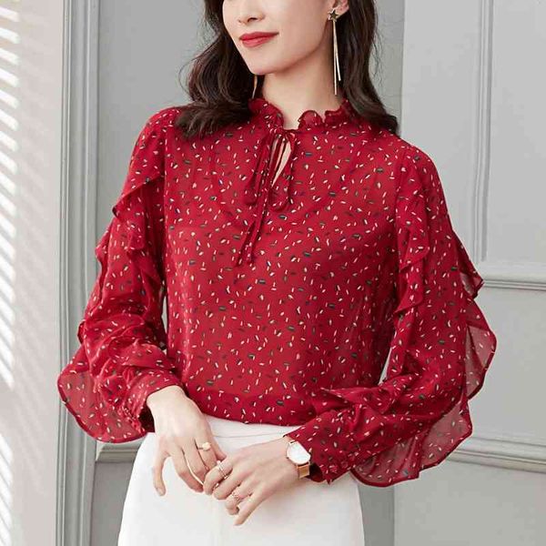 

summer woman ruffle blusas mujer de moda bow chiffon print blouse women shirt long sleeve office ladies blouses 210603, White