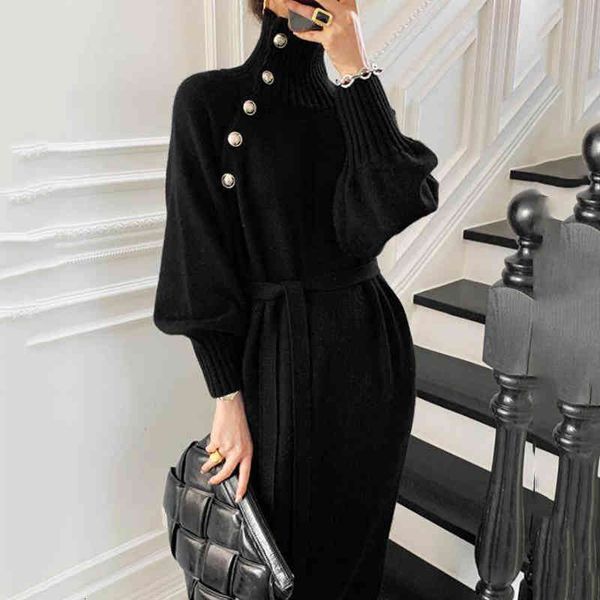 

casual dresses [ewq] korean chic autumn winter wear loose versatile high collar two lace up waist clothing female ladies party knitted dress, Black;gray