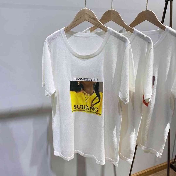 

linen printed t-shirt three colors 2021 early spring new cotton portrait korean loose short sleeve couple t-shirt female, White