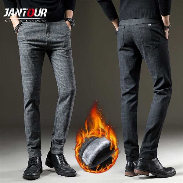 

brand men's winter fleece fluff thicken warm casual pants men business straight elastic thick plaid cotton gray trousers male 220108, Black
