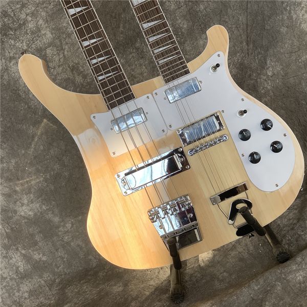 

double neck natural wood color electric bass guitar with white pickguard chrome hardware provide custom service