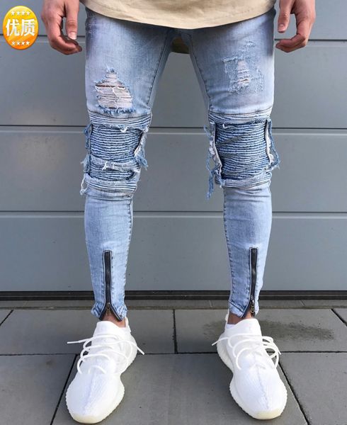 

fashion jeans men's small legged motorcycle pants light color slim hole pleated trend 1847, Blue