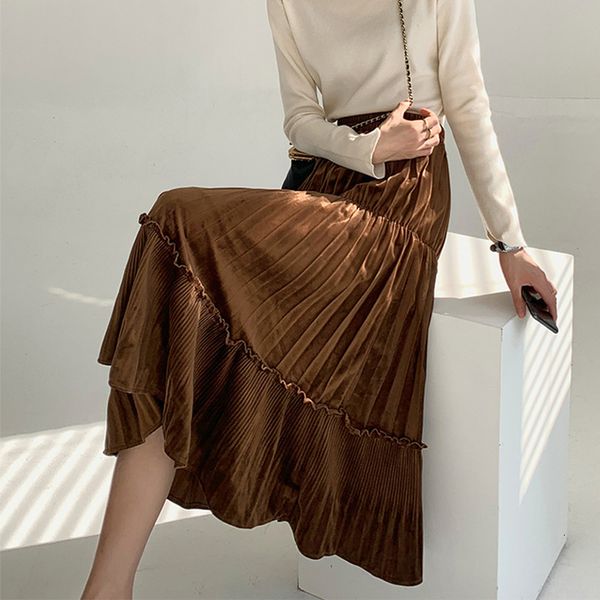 

2021 new 2021new spring high waist retro solid pleated veet skirt autumn winter ol elegant fashion all-match long skirts womens dv7l, Black