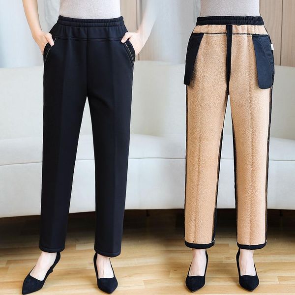 

women's pants & capris autumn winter plus velvet for mom high waist casual middle-aged women long trousers thick elastic black, Black;white