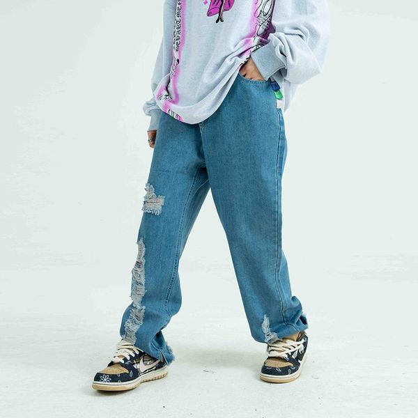 

men's jeans harajuku hole tassel distressed washed light blue for men high street oversize ankle zipper denim trousers