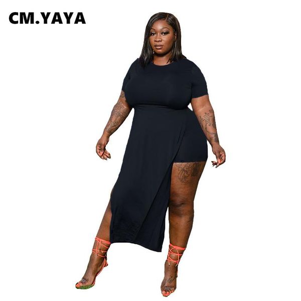 

plus size tracksuits cm.yaya women tracksuit solid short sleeve split x-long t-shirt strechy two 2 piece sets sporty outfit summer