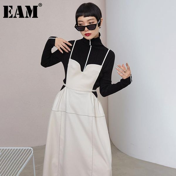 

eam] women black pu leather thick long spaghetti strap dress new sleeveless loose fit fashion tide spring autumn 2021 1dd0471, Black;gray