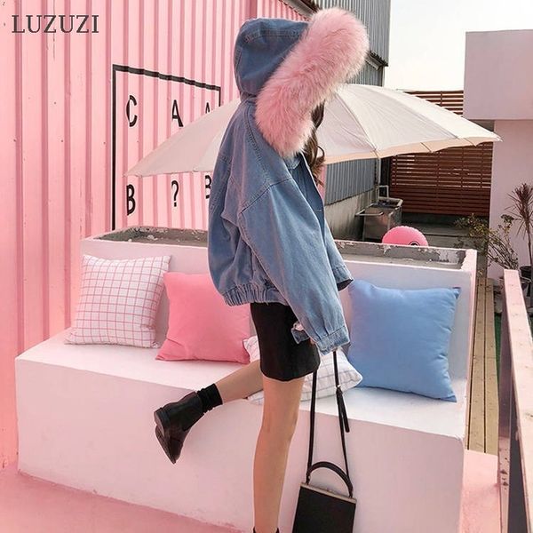 

2021 new veet thick denim winter women big fur collar korean locomotive lamb oversized jacket short coat tv8q, Black