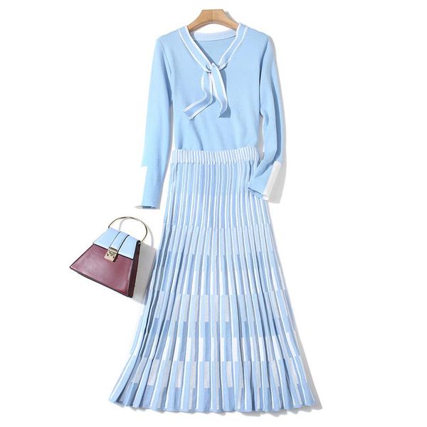 

two piece dress quality 2021 autumn winter runway 2 set women strip knit print pleated skirt+ blouse suit knitted suits, White
