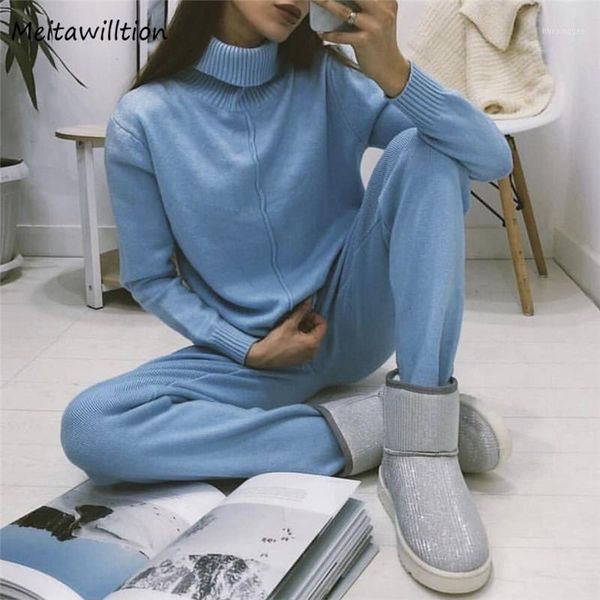 Tracksuits das mulheres 2021 outono camisola de inverno ternos e conjuntos de senhoras Turtleneck manga cheia de malha + bolsos longos calças 2pcs