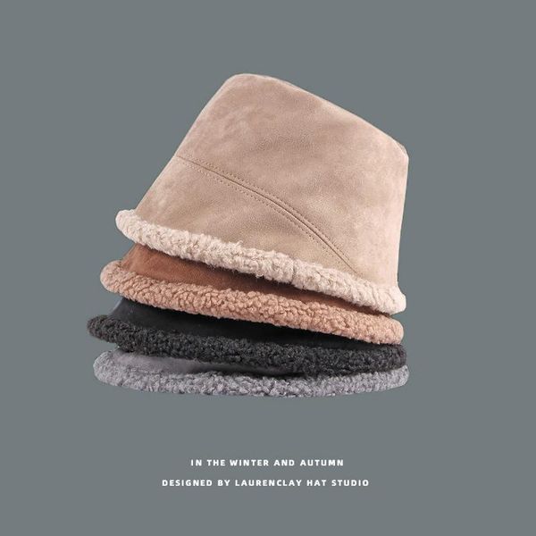 

berets autumn/winter women's cold-proof basin hats earmuffs suede thickened warm bucket hat double-sided plush single-color fisherman, Blue;gray