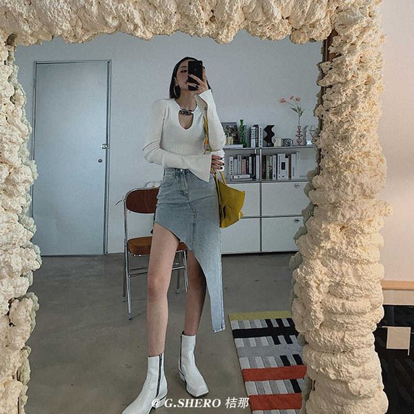 

brand woman trendy retro washed irregular denim skirt female summer high waist denim skirts elastic bodycon hip high street 210527, Black