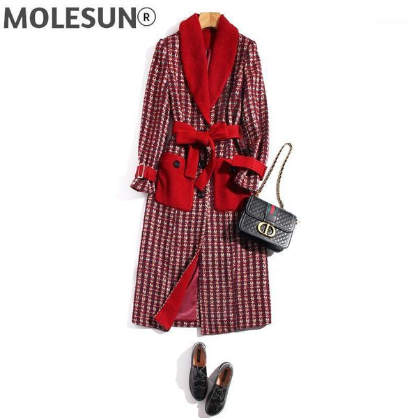 

women's wool & blends tweed coat autumn winter designer faux fur stitching belt slim fashion casual vintage elegant long windbreaker, Black