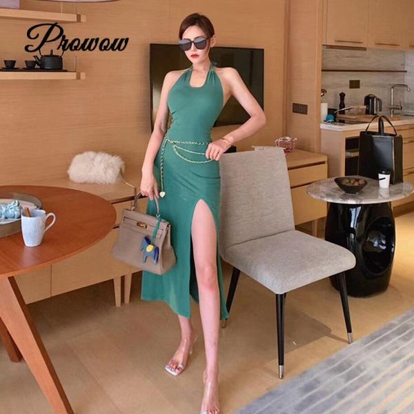 

casual dresses fashion brand 2021 summer straps hanging neck hollow slim backless split bodycon long dress holiady vestido, Black;gray