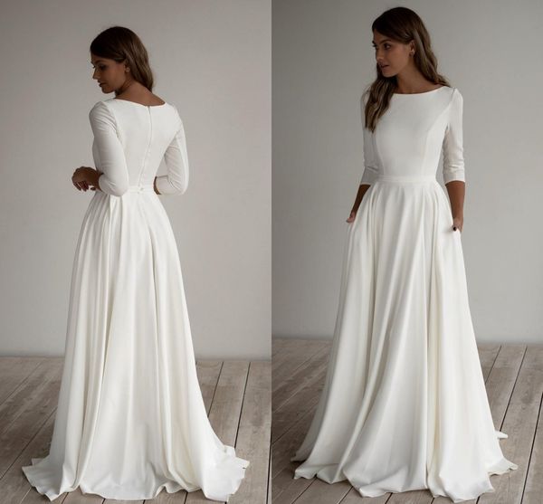 

crepe modest wedding dresses long sleeves pockest sweep train simple elegant informal boho country bridal gowns sleeved, White