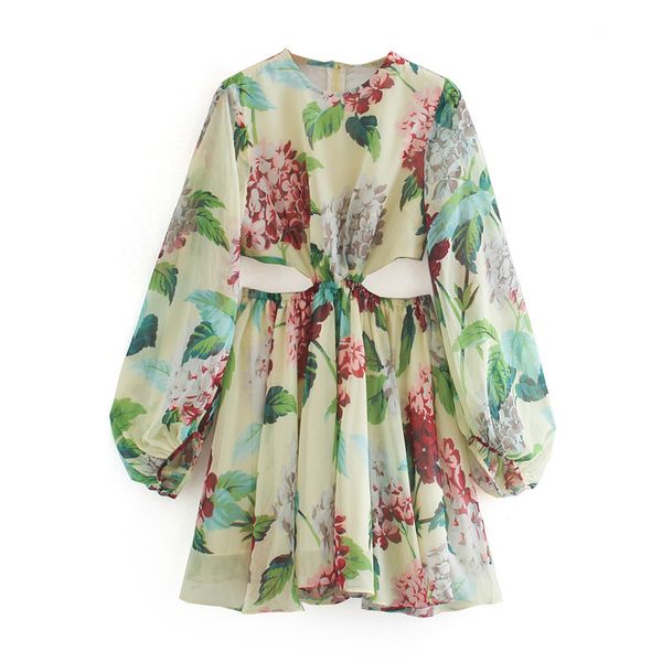 

2021 new women chic floral print pleated mini beach style o neck long sleeve female es vestidos mujer 1ssg, Black;gray