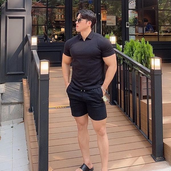 

new 2021 summer v-neck muscular sport polo with solid-color lapels, round bottoms body-slimming fitness shirts and short sleeves z1be, White;black