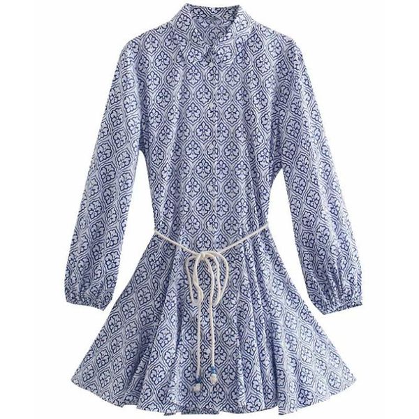 

casual dresses adherebling woman blue print sashes shirt dress 2021 elegant lady loose a-line short female sweet holiday, Black;gray