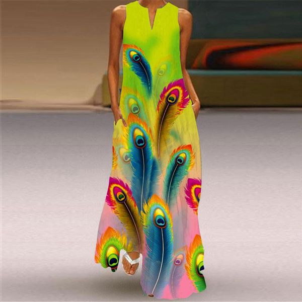 

casual dresses vintage dress women sleeveless print v-neck maxi summer party cami sukienka na co dzien 2021 robe ete, Black;gray