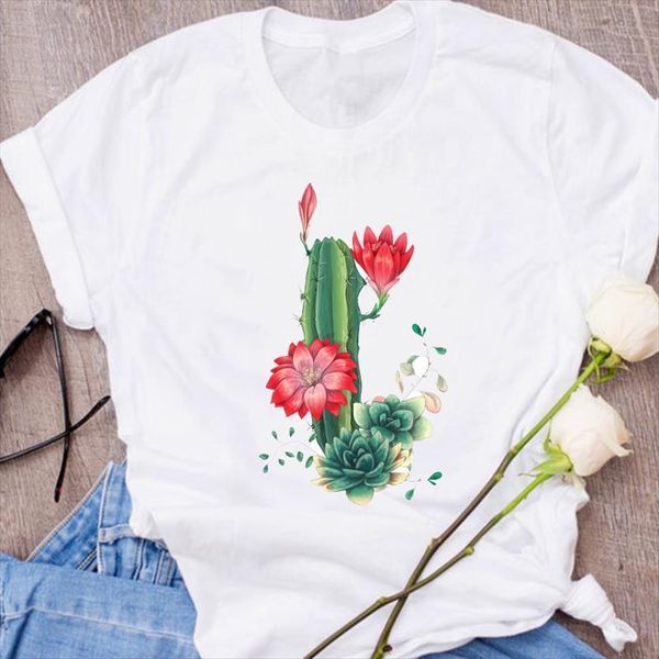 

graphic cactus camisas mujer floral women t shirts streetwear 90s clothes clothing tees print female shirt womens, White