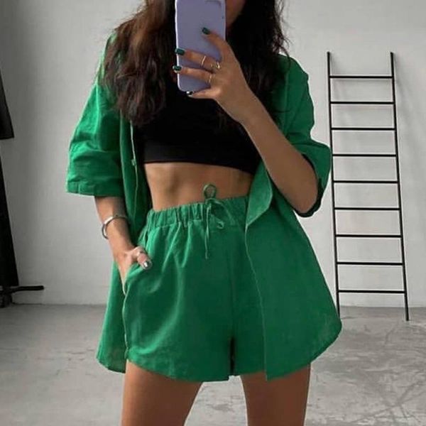 

women's tracksuits summer casual tracksuit shorts suits green streetwear short sleeve shirt loose drawstring mini two piece set, Gray