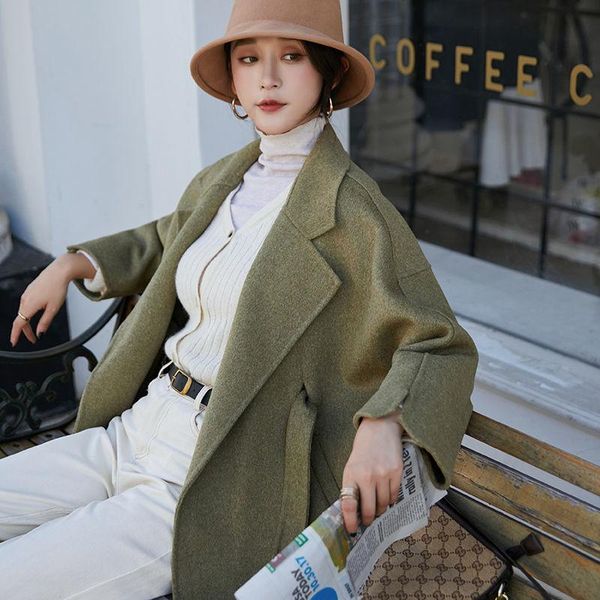 

women's wool & blends 100% lamb fur female autumn and winter 2021 double face cashmere long section loose lapel thick woolen coat, Black