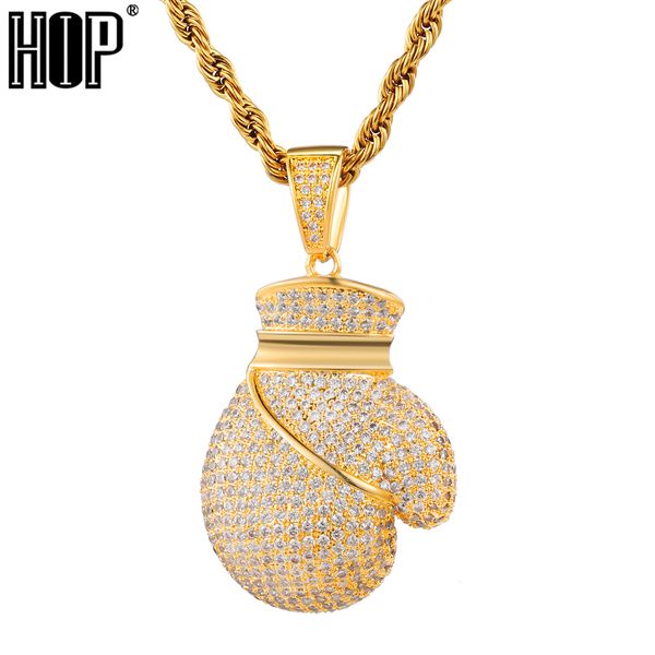 Hip Hop Gold Color Bling Full Zirconia Gelado Fora Luvas de Boxe Pingentes Colares para Homens Jóias