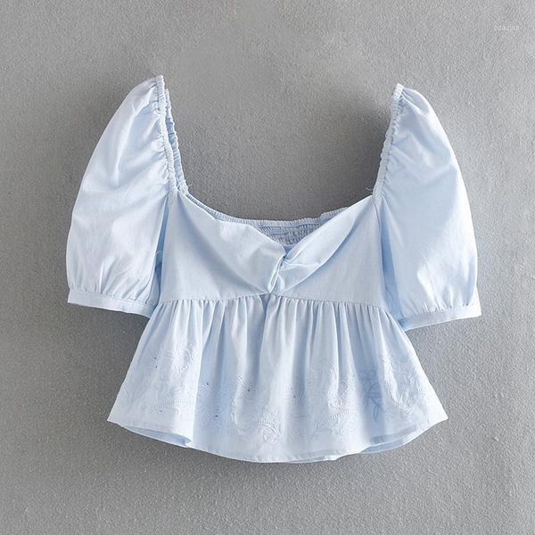 

summer square collar blouse women fashion puff short sleeve pleated blouses ladies solid color crop femme ropa women's & shirt shir, White