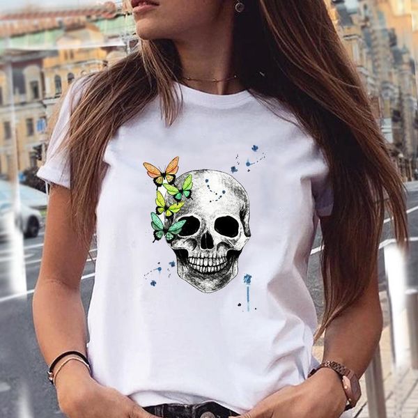 

women's t-shirt women t shirts skull halloween watercolor fashion cartoon 90s summer stylish shirt girl graphic print female tee, White