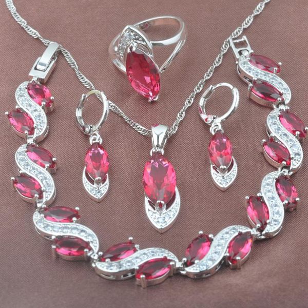 

earrings & necklace 2021 rose red zirconia silver plated women's jewelry sets bracelet pendant ring yz0428
