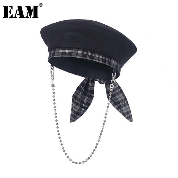 

berets [eam] women black removable chain vintage plaid bow fishermen hat round dome temperament fashion tide all-match 18a3604, Blue;gray