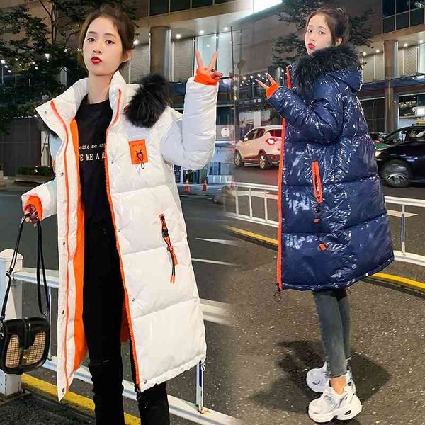 

winter over knee bright leather color matching lengthened large women's down jacket fat sister cotton coat thickened mm, Black