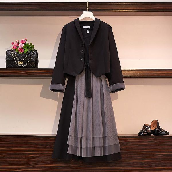 

women autumn winter dress two-pieces suits female casual long sleeve blazer+vest midi dress set plus size outfits suits, Black;brown