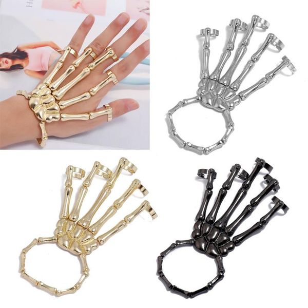 

beaded, strands european american jewelry fashion personality punk skull hand bone wild five-finger ring bracelet adjustable one chain, Black