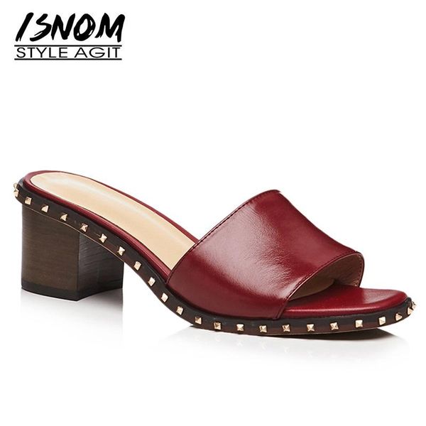 

slippers isnom wood high heels women open toe rivet footwear leather female mules shoes fashion slides woman summer 2021, Black