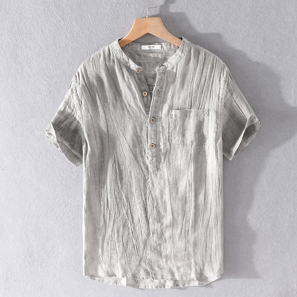 

2021 new 100% linen summer short-sleeved casual round neck shirts for men japanese retro loose shirt mens chemise camisa wtf0, White;black