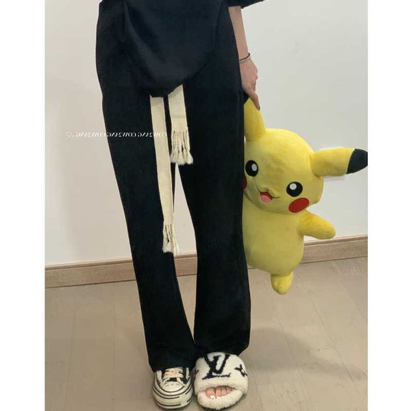

black can't take off 2021 summer korean knitting drawstring straight pants women's casual, Black;white