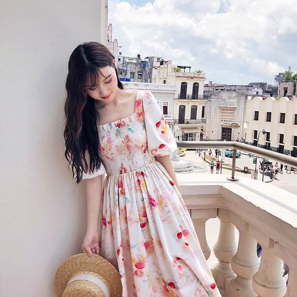

women summer puff sleeve midi dress vintage print floral female party dress casual holiday lady sweet boho vestidos, Black;gray